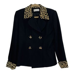 Vtg BLOOMINGDALES DOUBLE-BREASTED BLAZER WOOL Leopard Animal Print Sz 6 USA